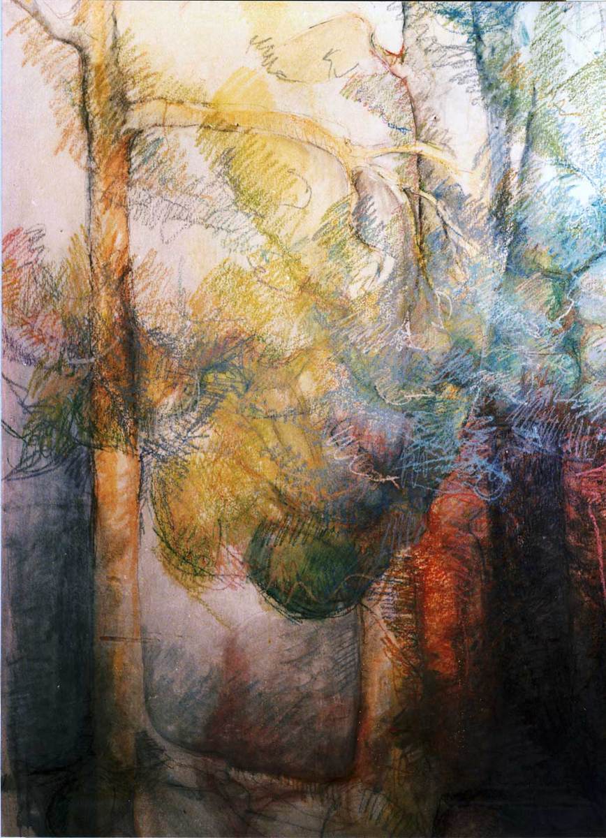 "Trees of this Earth" partial view of mural on interior walls, roughly 2 m tall, watercolours and oil pastels, Leliegracht, Amsterdam, The Netherlands