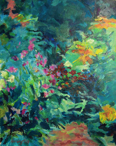 "Baudy Garden" acrylic on canvas paper, plein aire painting, Giverny France, [private collection]