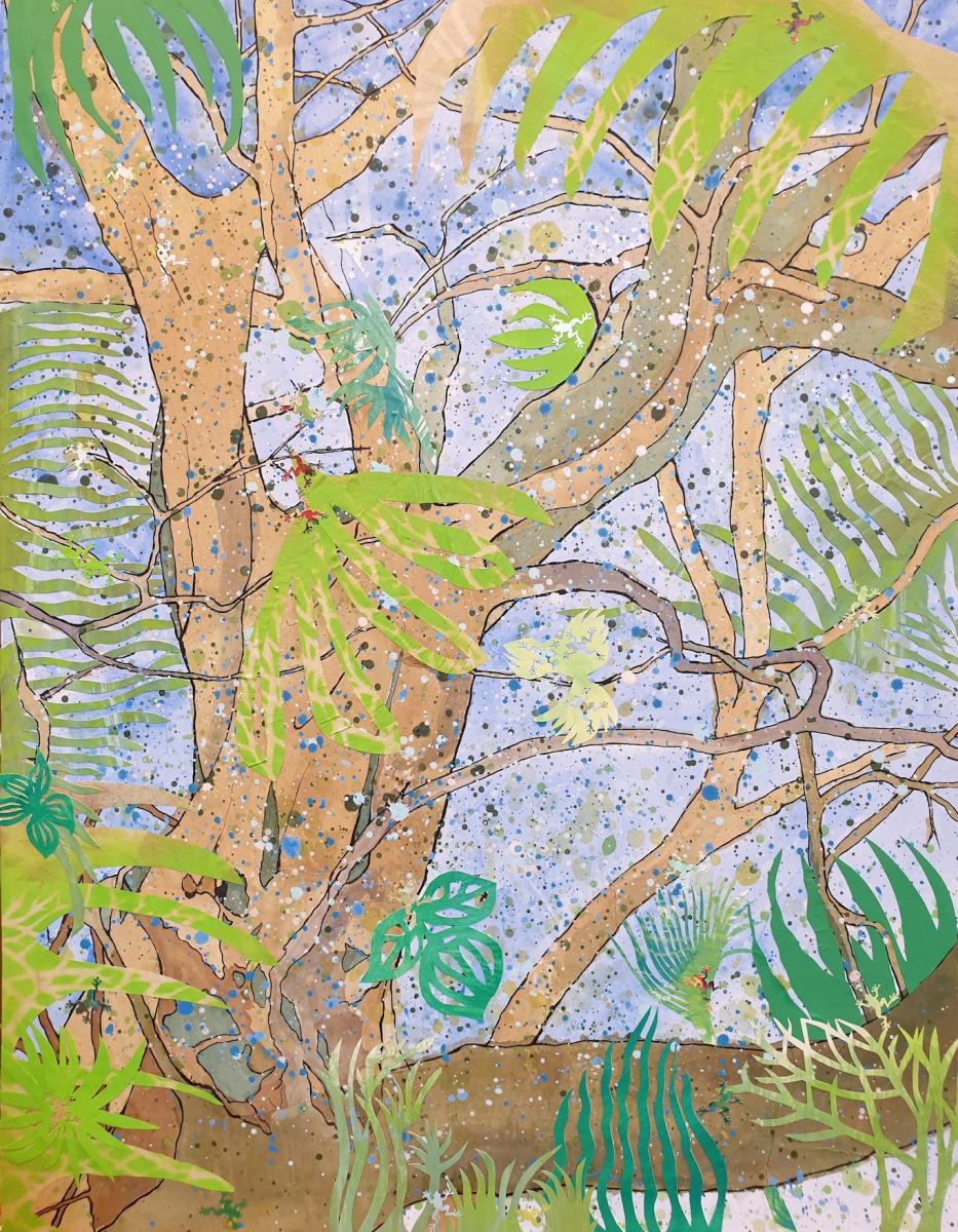 "Tropical Rainforest"  Inks, paper collage and acrylic on birch panel, 70x60 cm. framed