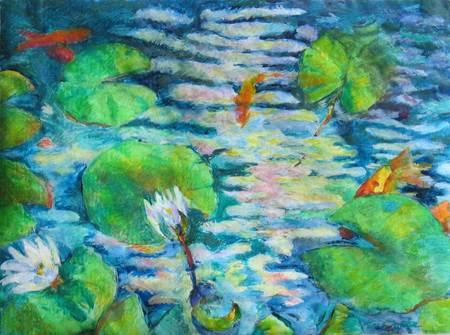"Lillies, Layers of Light" watercolour and aquarelle sticks on paper, 18x24 inches, 46x61 cm [collection of artist]