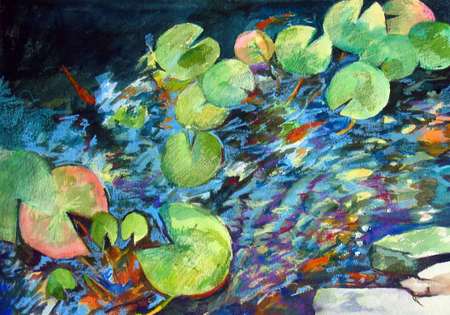 "Ripples, Reflections, Koi" water oolour and aquarelle sticks on handmade paper, 19x27 inches 48x69 cm [private collection, USA]