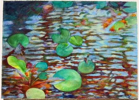 "Reflections, Light, Koi" aquarelle sticks on paper, 22x30 inches, 56x76 cm [collection of Public Library, Lexington, KY, USA]