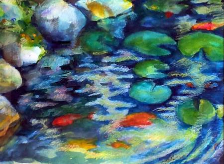 "Koi Pool Cool" watercolour and aquarelle stick, 18x24 inches, 46x61 cm [collection of artist]