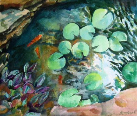 "Cool Koi Pool" watercolour [private collection, USA]