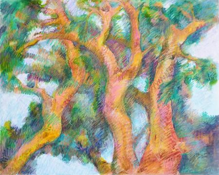 "High Branching," aquarelle sticks on panel, 41x51 cm, 16x20 inches, private collection, Germany