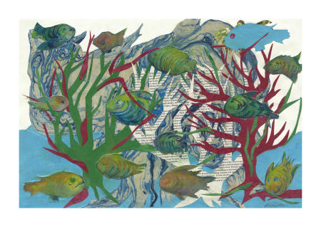 "Fish in the Seas and in the Trees,"  paper, ink and acrylic on birch panel, 38 x 56 cm, framed