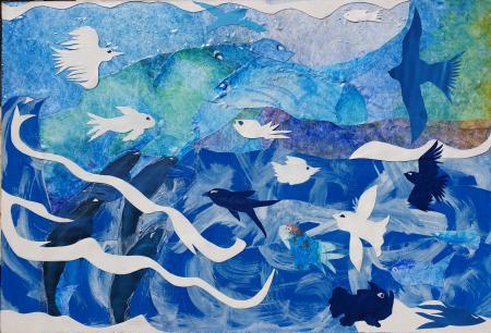"Blue Worlds,"  paper, ink and acrylic on birch panel, 38 x 56 cm, framed
