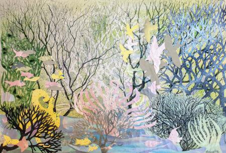 "Tree Fans and Sea Fans" inks, paper collage and acrylic on birch panel, 38x56 cm, framed